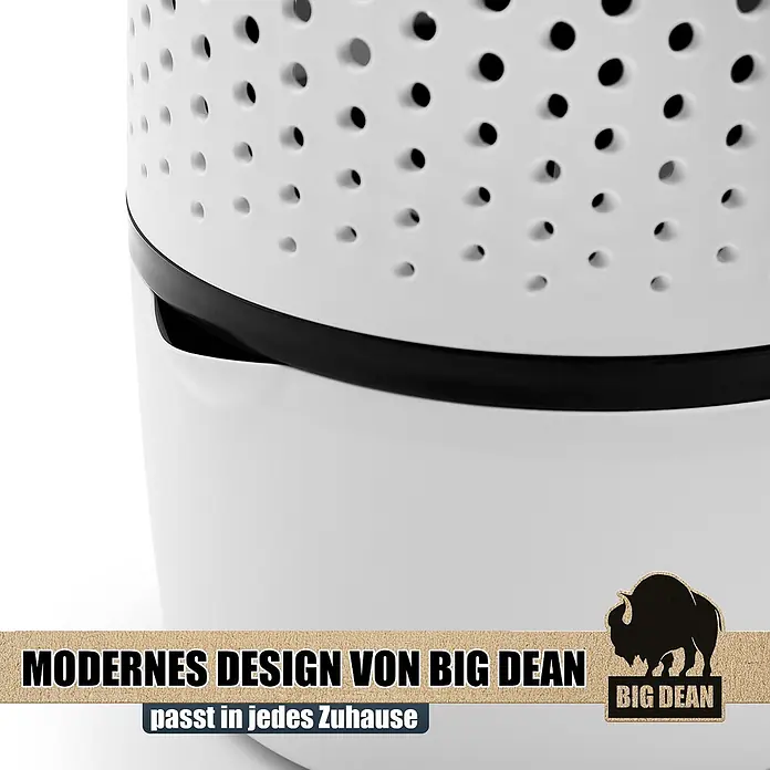 BigDean Luftentfeuchter-Nachfüllpack 2 Stk., 680 g -  - Weißes Gerät mit perforiertem Oberteil und schwarzem Akzentband, möglicherweise ein Luftreiniger oder Lautsprecher.