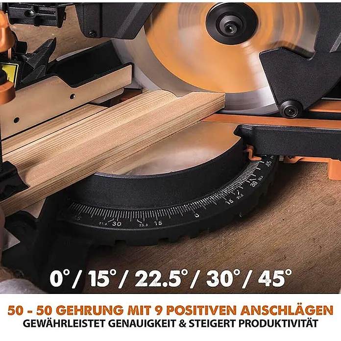 Evolution R255SMS+ Set, Zug-Kapp- und Gehrungssäge 255 mm, TCT-Blatt -  - Kapp- und Gehrungssäge schneidet Holzleiste, mit sichtbarer Klinge und Winkeleinstellungen für präzise Schnitte.
