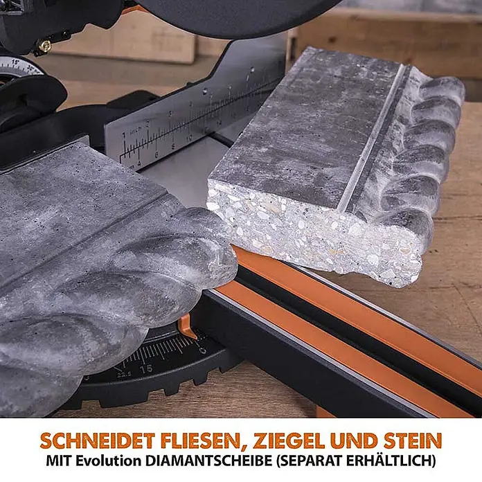 Evolution R255SMS+ Set, Zug-Kapp- und Gehrungssäge 255 mm, TCT-Blatt -  - Kappsäge mit Steinmaterial, die ihre Schneidfähigkeit für Fliesen, Ziegel und Stein zeigt.