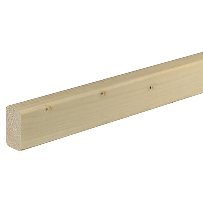 Quadratleiste - 240 cm x 46 mm x 27 mm, Fichte - Nahaufnahme eines hellen Holzbretts mit abgerundeten Kanten und sichtbaren Astlöchern.