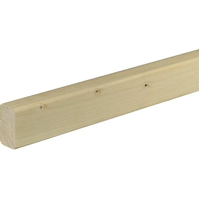 Quadratleiste - 240 cm x 46 mm x 27 mm, Fichte - Nahaufnahme eines hellen Holzbretts mit abgerundeten Kanten und sichtbaren Astlöchern.