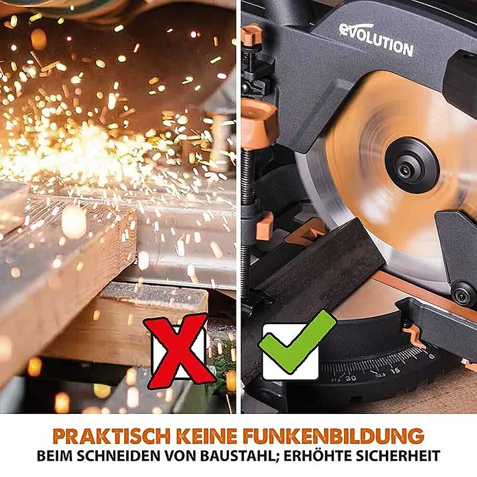 Evolution R255SMS+ Set, Zug-Kapp- und Gehrungssäge 255 mm, TCT-Blatt -  - Orange-schwarze Evolution Gehrungssäge schneidet Stahl fast funkenfrei für erhöhte Sicherheit.