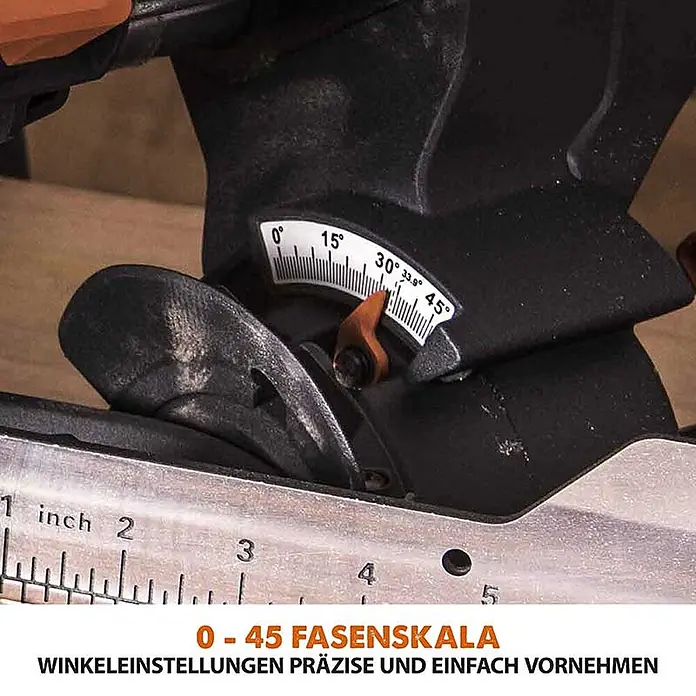 Evolution R255SMS+ Set, Zug-Kapp- und Gehrungssäge 255 mm, TCT-Blatt -  - Schwarze Gehrungssäge, 0-45 Grad Fasenskala mit orangefarbenem Zeiger für präzise Winkeleinstellungen.