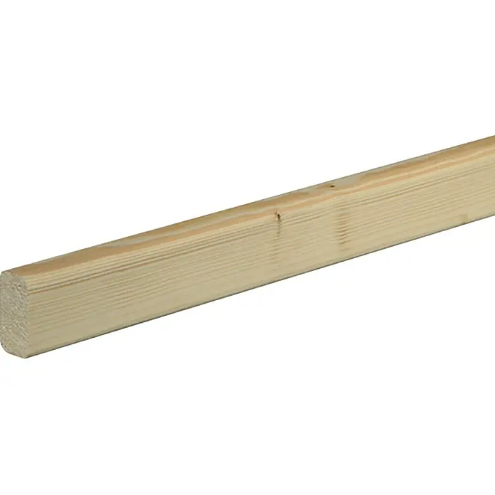 Quadratleiste - 240 cm x 38 mm x 19 mm, Fichte - Nahaufnahme eines hellen, unbehandelten Kantholzes mit abgerundeten Ecken, ideal für Konstruktionen im Innen- und Außenbereich.