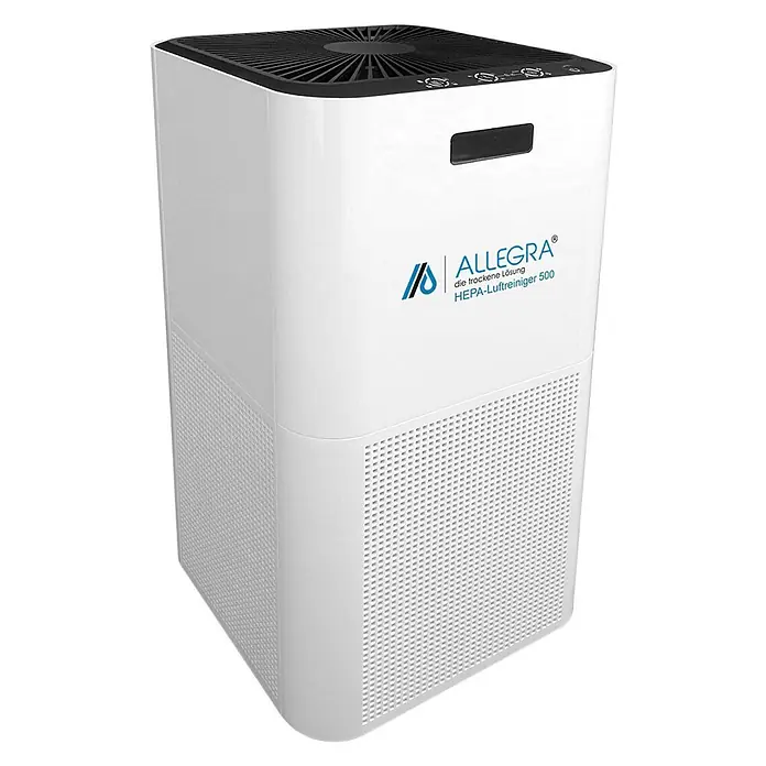 ALLEGRA Luftreiniger 500 mit HEPA-Filter -  - Weißer ALLEGRA HEPA-Luftreiniger mit schwarzem Lüftungsgitter oben und perforierten Seitenwänden.