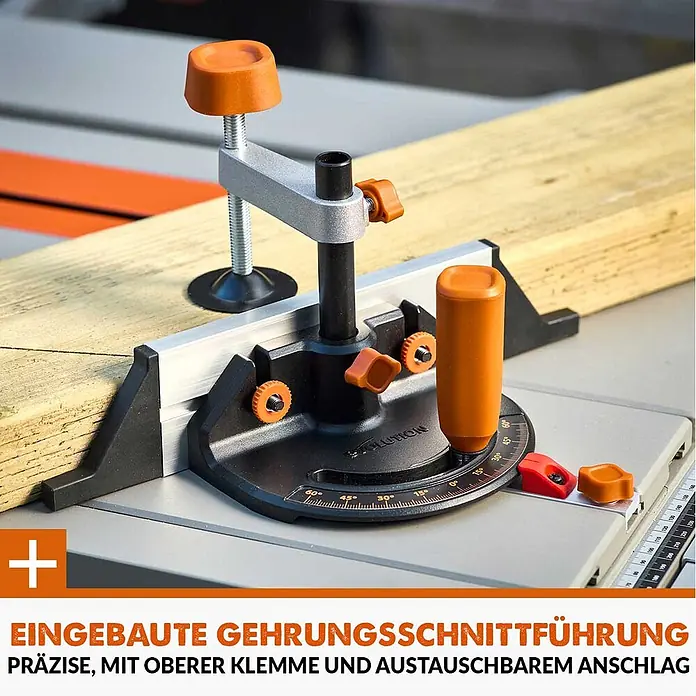 Evolution R255TBL+ Tischkreissäge 1800 W, 255 mm, TCT-Blatt, ohne Gestell -  - Schwarze und silberne Gehrungsschnittführung mit orangefarbenen Knöpfen und oberer Klemme, hält ein Holzbrett auf einem Sägetisch.
