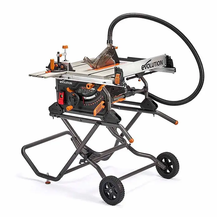 Evolution R255TBL+ Tischkreissäge 255 mm, 1800W, mit Untergestell -  - Evolution Tischkreissäge in Schwarz-Orange auf rollbarem Ständer, mit Sägeblattschutz und Staubabsaugschlauch.