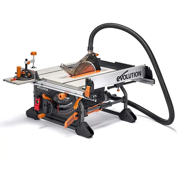 Evolution R255TBL+ Tischkreissäge 1800 W, 255 mm, TCT-Blatt, ohne Gestell -  - Schwarz-orange Evolution Tischsäge mit silberner Tischplatte, transparentem Blattschutz und Staubabsaugschlauch.