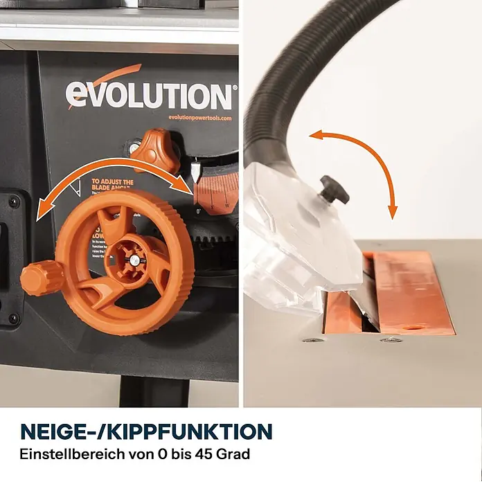 Evolution R255MTS 255 mm Tischsäge mit TCT-Multi-Material-Sägeblatt -  - Orangefarbenes Einstellrad und transparente Schutzhaube einer Säge, zeigt die Neige-/Kippfunktion von 0 bis 45 Grad.