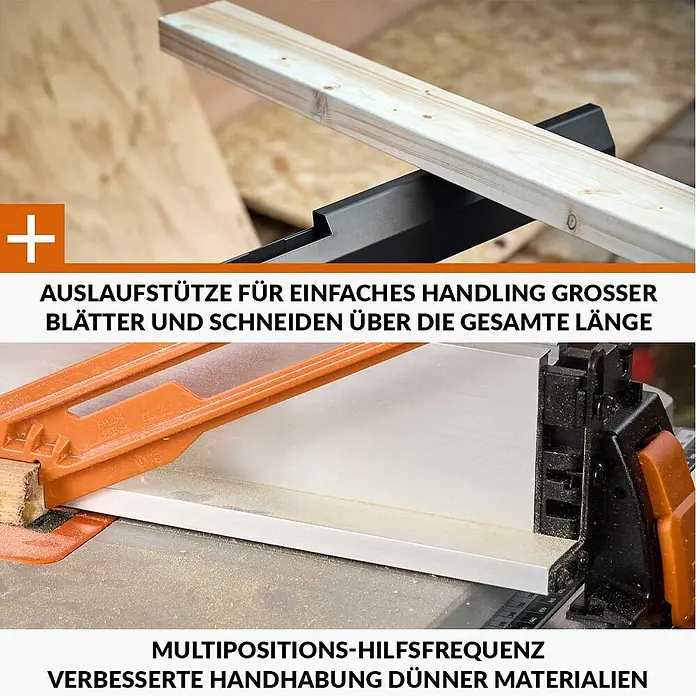 Evolution R255TBL+ Tischkreissäge 1800 W, 255 mm, TCT-Blatt, ohne Gestell -  - Werkbank mit schwarzer Auslaufstütze für ein Holzbrett und orangefarbener Klemmführung für dünne Materialien auf einem Sägetisch.