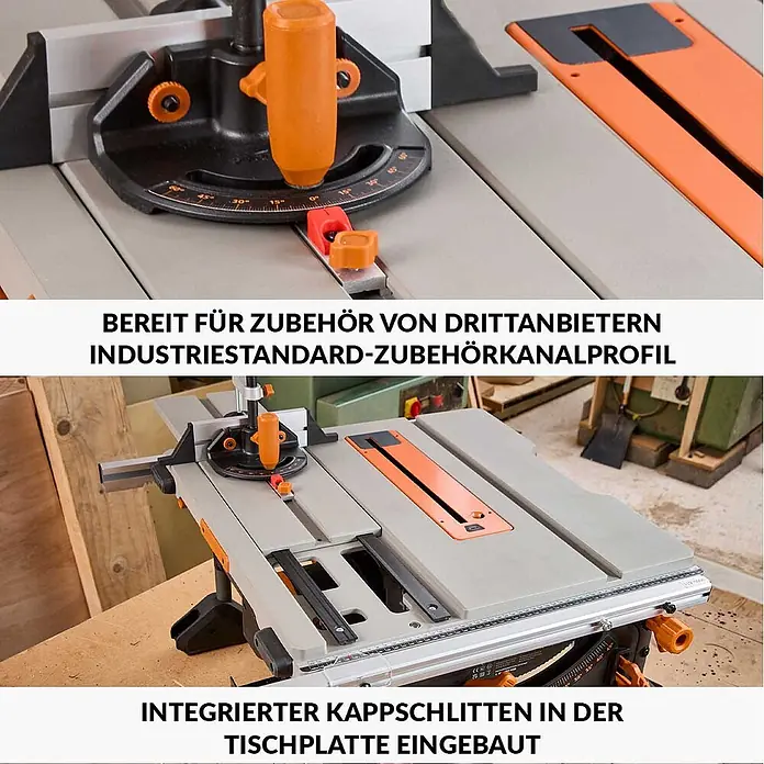 Evolution R255TBL+ Tischkreissäge 1800 W, 255 mm, TCT-Blatt, ohne Gestell -  - Graue und orangefarbene Tischkreissäge mit verstellbarem Gehrungsanschlag und integriertem Kappsägeschlitten in der Tischplatte.