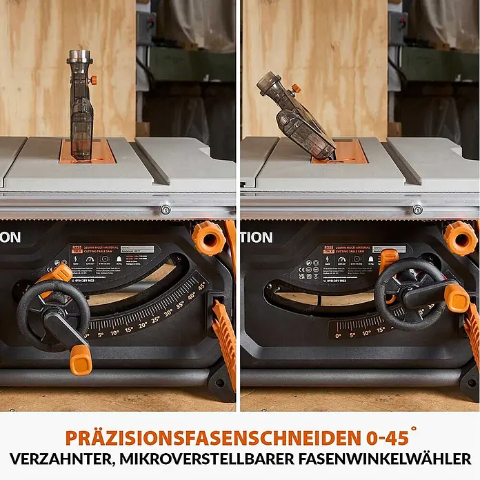 Evolution R255TBL+ Tischkreissäge 1800 W, 255 mm, TCT-Blatt, ohne Gestell -  - Schwarze Tischkreissäge mit orangefarbenen Akzenten; zeigt Präzisions-Fasenschneiden 0-45° und den verzahnten Fasenwinkelwähler.