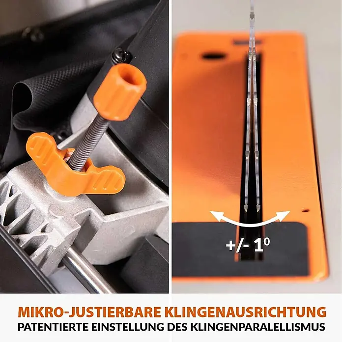 Evolution R255TBL+ Tischkreissäge 1800 W, 255 mm, TCT-Blatt, ohne Gestell -  - Mikro-justierbare Klingenjustierung mit orangem Flügelmuttermechanismus, zeigt patentierte +/- 1° Klingenparallelität.