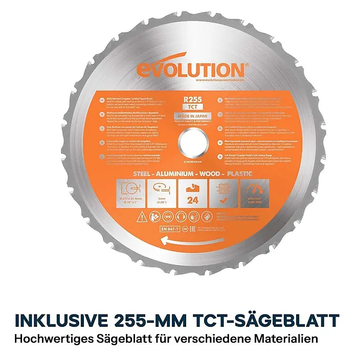 Evolution R255MTS 255 mm Tischsäge mit TCT-Multi-Material-Sägeblatt -  - Silbernes Evolution TCT-Sägeblatt mit orangefarbenem Etikett, für Stahl, Aluminium, Holz und Kunststoff.