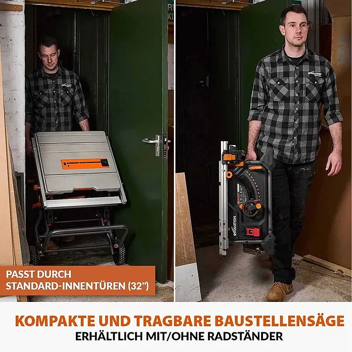 Evolution R255TBL+ Tischkreissäge 1800 W, 255 mm, TCT-Blatt, ohne Gestell -  - Ein Mann demonstriert eine kompakte, grau-orange tragbare Tischkreissäge, einmal auf einem Rollständer durch eine Tür geschoben, dann gefaltet getragen.