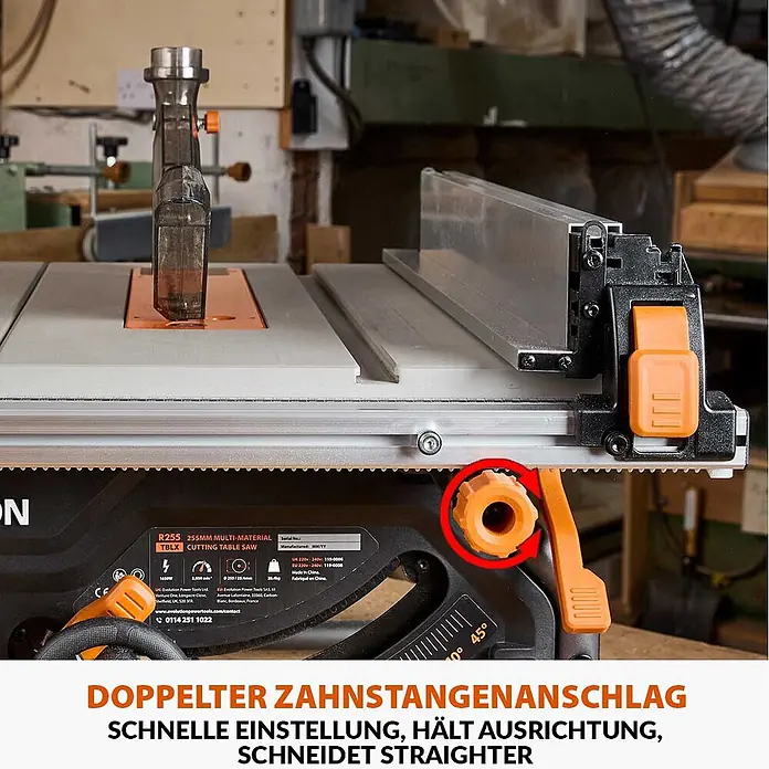 Evolution R255TBL+ Tischkreissäge 1800 W, 255 mm, TCT-Blatt, ohne Gestell -  - Detail einer Tischkreissäge mit orangefarbenem Einstellknopf für das doppelte Zahnstangen-Anschlagsystem, das präzise, gerade Schnitte ermöglicht.