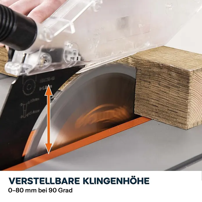 Evolution R255MTS 255 mm Tischsäge mit TCT-Multi-Material-Sägeblatt -  - Kreissäge mit Schutz schneidet Holz; einstellbare Klingenhöhe (0-80 mm bei 90 Grad) gezeigt.