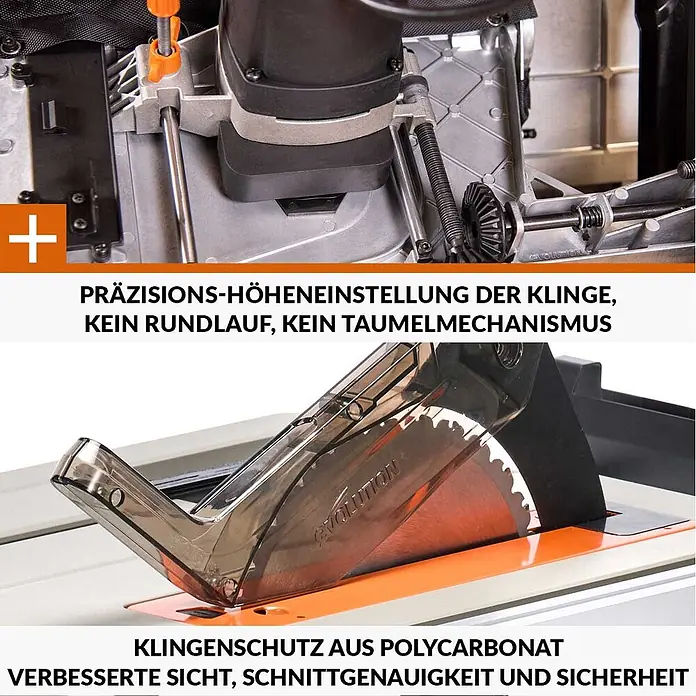 Evolution R255TBL+ Tischkreissäge 1800 W, 255 mm, TCT-Blatt, ohne Gestell -  - Präzisions-Höhenverstellung einer Säge mit transparentem Polycarbonat-Blattschutz über der Klinge.