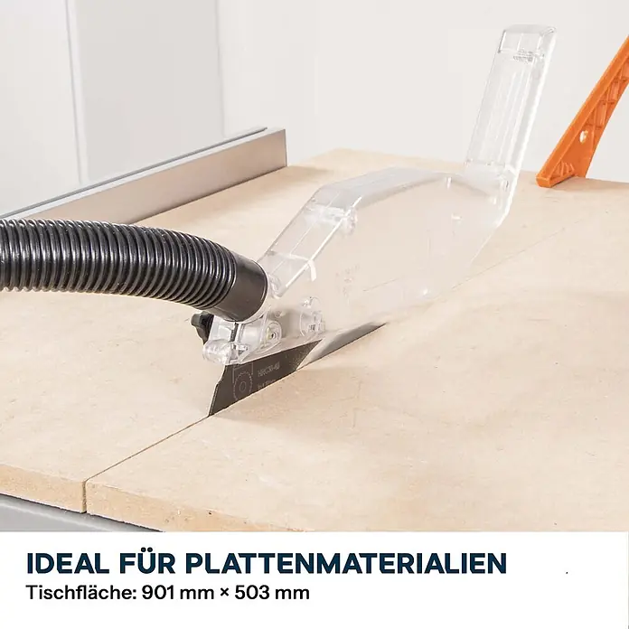 Evolution R255MTS 255 mm Tischsäge mit TCT-Multi-Material-Sägeblatt -  - Tischkreissäge mit transparentem Schutz und Absaugschlauch schneidet Platte. Tischfläche: 901 x 503 mm.
