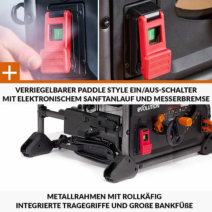 Evolution R255TBL+ Tischkreissäge 1800 W, 255 mm, TCT-Blatt, ohne Gestell -  - Elektrowerkzeug mit rotem Paddle-Ein-/Ausschalter, Metall-Überrollkäfig, integrierten Griffen und großen Füßen.