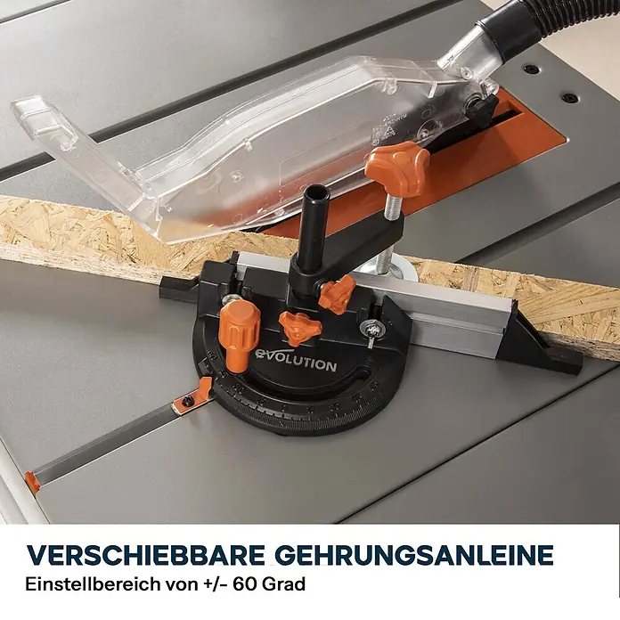Evolution R255MTS 255 mm Tischsäge mit TCT-Multi-Material-Sägeblatt -  - Verstellbarer schwarzer Gehrungsanschlag mit orangen Knöpfen auf einer Tischsäge, führt ein Holzstück.