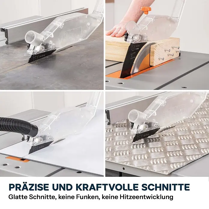 Evolution R255MTS 255 mm Tischsäge mit TCT-Multi-Material-Sägeblatt -  - Tischkreissäge mit transparenter Schutzhaube und Staubabsaugstutzen, schneidet Holz, Kunststoff und Metall.