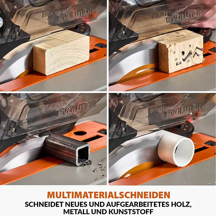 Evolution R255TBL+ Tischkreissäge 1800 W, 255 mm, TCT-Blatt, ohne Gestell -  - Eine Säge, die verschiedene Materialien wie Holz, Metall und Kunststoff schneidet, was ihre Multimaterialfähigkeit demonstriert.