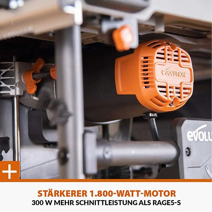 Evolution R255TBL+ Tischkreissäge 1800 W, 255 mm, TCT-Blatt, ohne Gestell -  - Nahaufnahme eines orangefarbenen Evolution Elektrowerkzeugmotors mit Lüftungsschlitzen, eingebaut in eine Maschine.