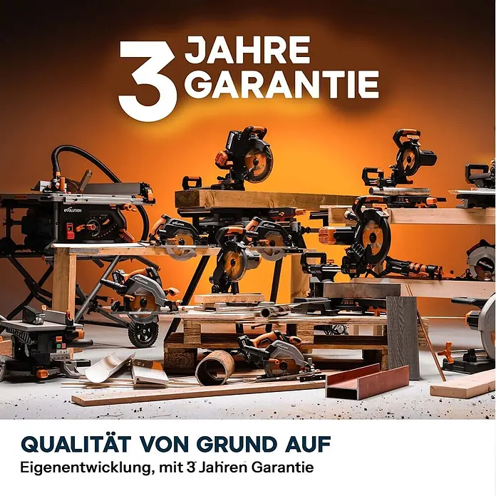 Evolution R255MTS 255 mm Tischsäge mit TCT-Multi-Material-Sägeblatt -  - Diverse Evolution Elektrowerkzeuge in Schwarz-Orange auf Holzpaletten, beworben mit 3 Jahren Garantie.