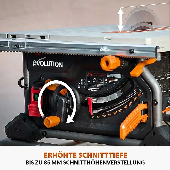 Evolution R255TBL+ Tischkreissäge 1800 W, 255 mm, TCT-Blatt, ohne Gestell -  - Evolution Tischkreissäge mit bis zu 85 mm schnitthöhenverstellbarem Sägeblatt und Neigungswinkel von 0-45 Grad, mit orangefarbenen Einstellgriffen.