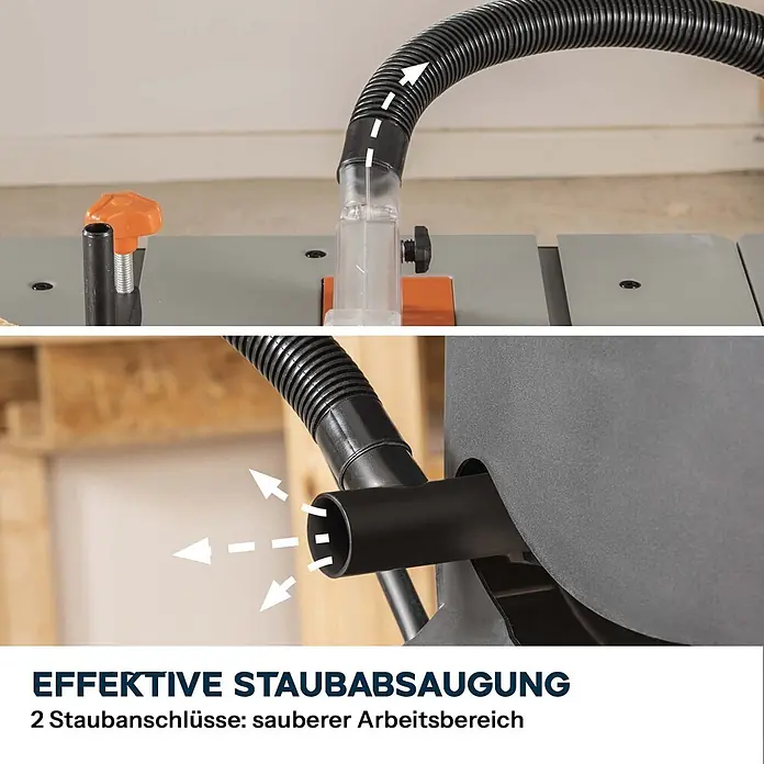 Evolution R255MTS 255 mm Tischsäge mit TCT-Multi-Material-Sägeblatt -  - Staubabsauganlage mit Wellschlauch, verbunden mit Holzbearbeitungswerkzeug und Staubsauger für sauberen Arbeitsbereich.