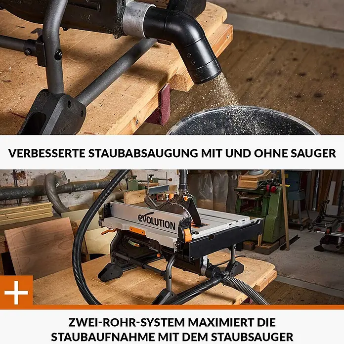 Evolution R255TBL+ Tischkreissäge 1800 W, 255 mm, TCT-Blatt, ohne Gestell -  - Tischkreissäge mit verbesserter Staubabsaugung, mit einem Zwei-Rohr-System in einer Werkstatt.