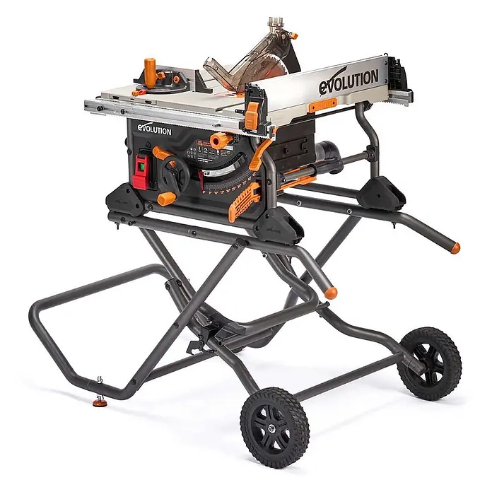 Evolution R255TBL+ Tischkreissäge 255 mm, 1650W, TCT-Blatt, mit Gestell -  - Tragbare Evolution Tischkreissäge auf fahrbarem Ständer, schwarz-grau mit orangefarbenen Akzenten.