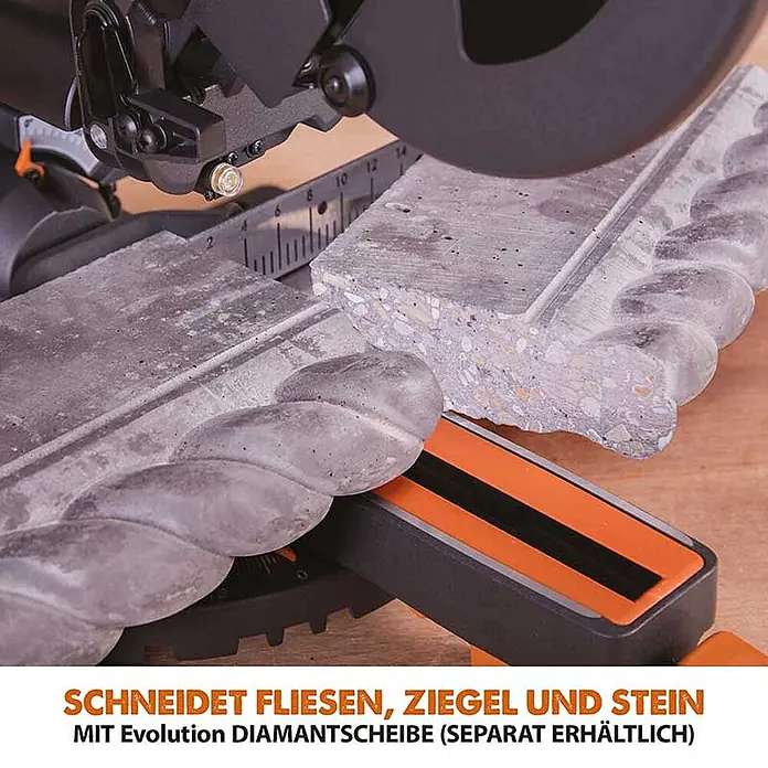Evolution R210SMS+ Zug-Kapp- und Gehrungssäge 210 mm, TCT-Blatt -  - Gehrungssäge beim Schneiden eines strukturierten Betonstücks oder Steins.