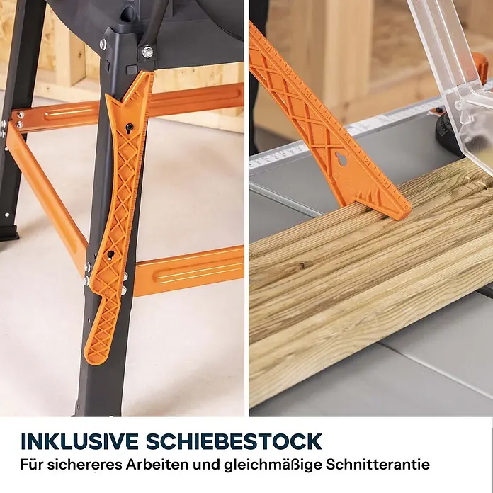 Evolution R255MTS 255 mm Tischsäge mit TCT-Multi-Material-Sägeblatt -  - Orangefarbener Schiebestock führt Holz auf einer Tischkreissäge für sichere und präzise Schnitte.