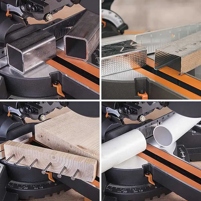 Evolution R210SMS+ Zug-Kapp- und Gehrungssäge 210 mm, TCT-Blatt -  - Gehrungssäge, die ihre Vielseitigkeit beim Schneiden von Metall, Holz mit Nägeln und PVC-Rohren zeigt.