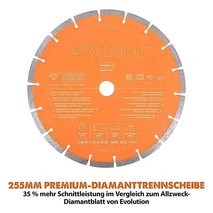 Evolution R255DCT Elektro-Betonsäge 255 mm mit Diamanttrennscheibe -  - Orange 255mm Premium-Diamanttrennscheibe mit Text 'EVOLUTION PREMIUM DIAMOND' für schnellere, längere Schnitte.