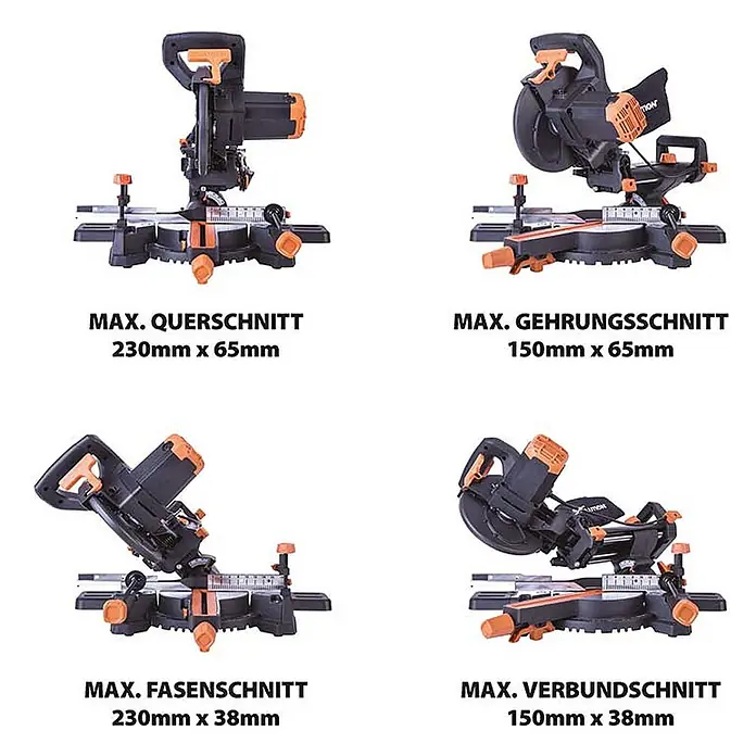 Evolution R210SMS+ Zug-Kapp- und Gehrungssäge 210 mm, TCT-Blatt -  - Schwarz-orange Kappsäge zeigt vier Schnittpositionen: Quer-, Gehrungs-, Fasen- und Verbundschnitt.