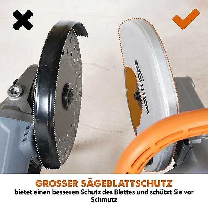 Evolution R255DCT Elektro-Betonsäge 255 mm mit Diamanttrennscheibe -  - Zwei Winkelschleifer zeigen Blattschutz: ein kleiner schwarzer und ein großer silberner für besseren Schutz.
