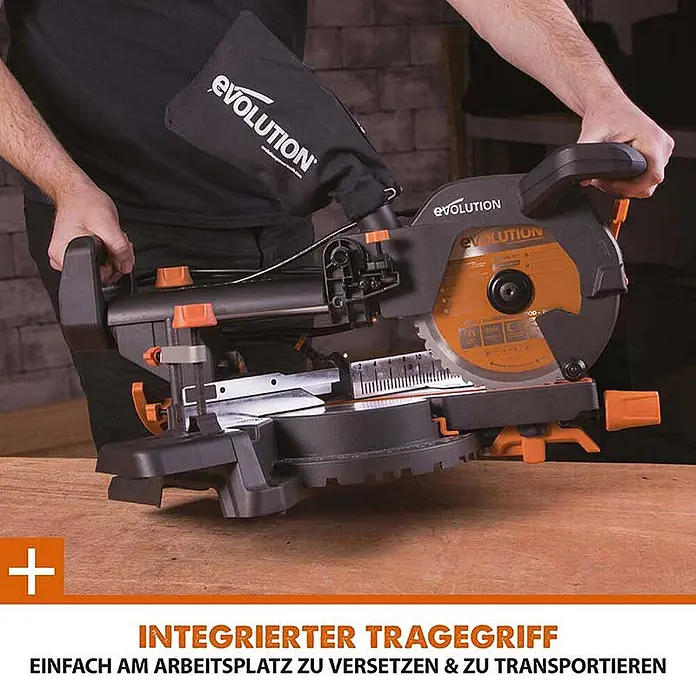 Evolution R210SMS+ Zug-Kapp- und Gehrungssäge 210 mm, TCT-Blatt -  - Schwarze und orange Kappsäge, von Person getragen, mit integriertem Tragegriff für einfachen Transport.