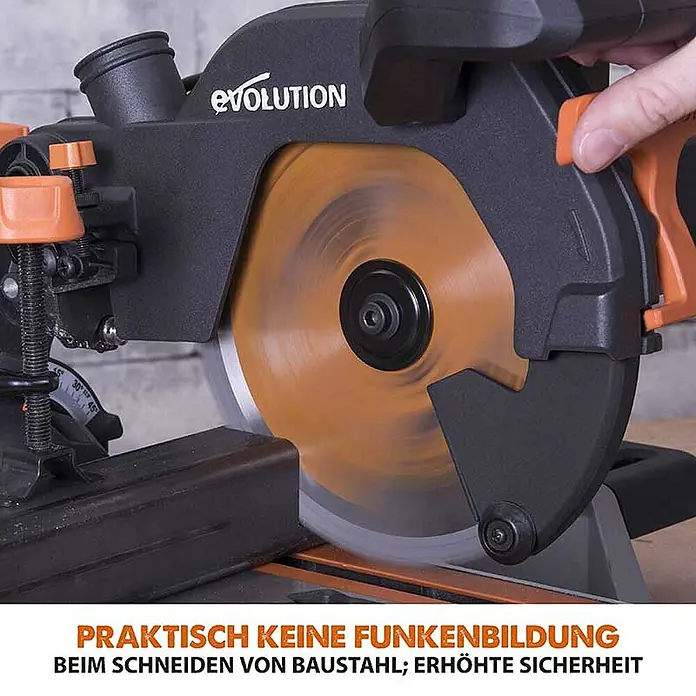 Evolution R210SMS+ Zug-Kapp- und Gehrungssäge 210 mm, TCT-Blatt -  - Evolution Metallsäge (schwarz-orange) schneidet Metallbalken mit minimaler Funkenbildung, erhöht die Sicherheit.