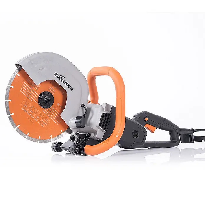 Evolution R255DCT Elektro-Betonsäge 255 mm mit Diamanttrennscheibe -  - Orange-graue Betontrennsäge mit großem orangefarbenem Blatt und integrierten Rädern.