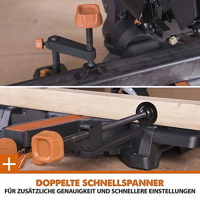 Evolution R210SMS+ Zug-Kapp- und Gehrungssäge 210 mm, TCT-Blatt -  - Schwarze und orange Doppelschnellspanner halten ein Holzwerkstück präzise auf einer Gehrungssäge für schnelle Einstellungen.