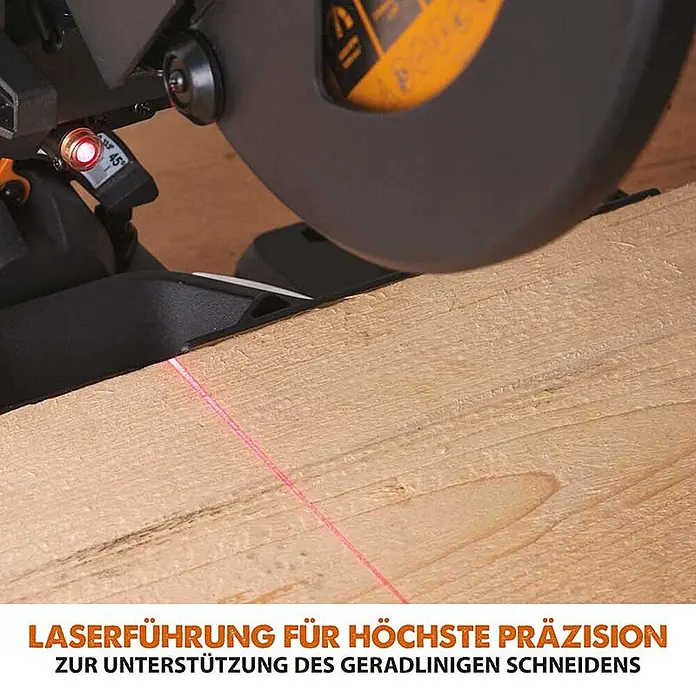 Evolution R210SMS+ Zug-Kapp- und Gehrungssäge 210 mm, TCT-Blatt -  - Gehrungssäge mit rotem Laserstrahl, der eine gerade Schnittlinie auf einem Holzbrett anzeigt.