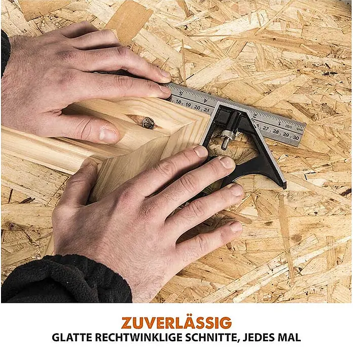 Evolution R210SMS+ Zug-Kapp- und Gehrungssäge 210 mm, TCT-Blatt -  - Hände nutzen ein silbernes und schwarzes Kombinationswinkelmaß, um ein Holzstück präzise zu markieren.