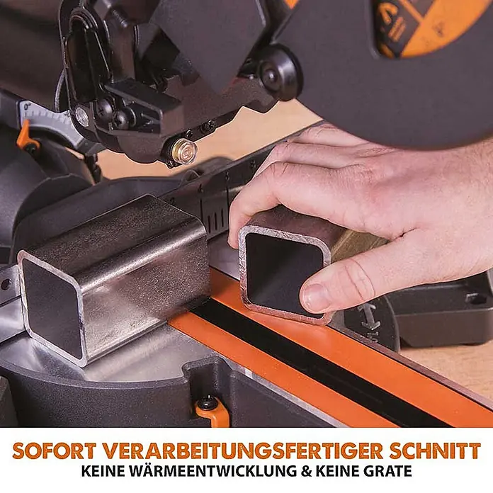 Evolution R210SMS+ Zug-Kapp- und Gehrungssäge 210 mm, TCT-Blatt -  - Eine Kappsäge schneidet ein quadratisches Metallprofil sauber, ohne Grate oder Hitze.