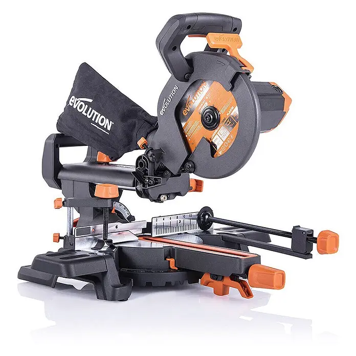 Evolution R210SMS+ Zug-Kapp- und Gehrungssäge 210 mm, TCT-Blatt -  - Evolution Gehrungssäge in Dunkelgrau und Orange, für präzise Winkelschnitte.