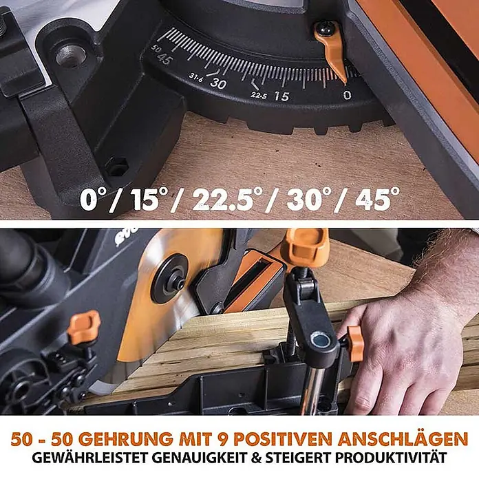 Evolution R210SMS-300+ Schiebe-Kapp- und Gehrungssäge 210 mm, TCT-Blatt -  - Kappsäge mit einstellbarer Winkelskala für präzise Schnitte, beim Holzzuschnitt mit Rastpunkten.