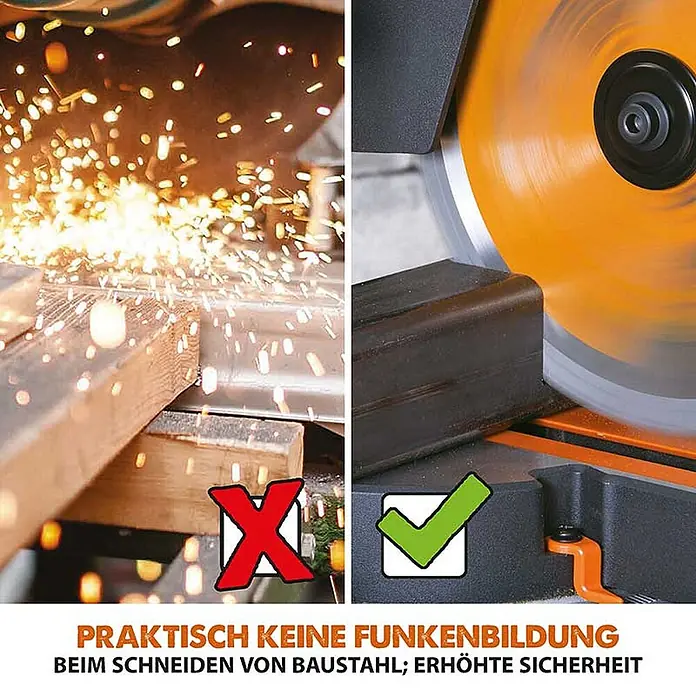 Evolution R210SMS-300+ Schiebe-Kapp- und Gehrungssäge 210 mm, TCT-Blatt -  - Sägeblatt schneidet Baustahl funkenfrei, für erhöhte Sicherheit. Links Funken als falsch, rechts funkenfreier Schnitt als richtig dargestellt.