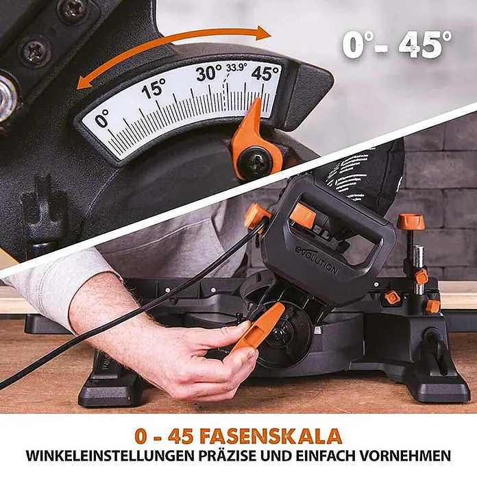 Evolution R210SMS-300+ Schiebe-Kapp- und Gehrungssäge 210 mm, TCT-Blatt -  - Schwarze und orangefarbene Gehrungssäge, bei der eine Hand die 0-45 Grad Fasenskala einstellt.